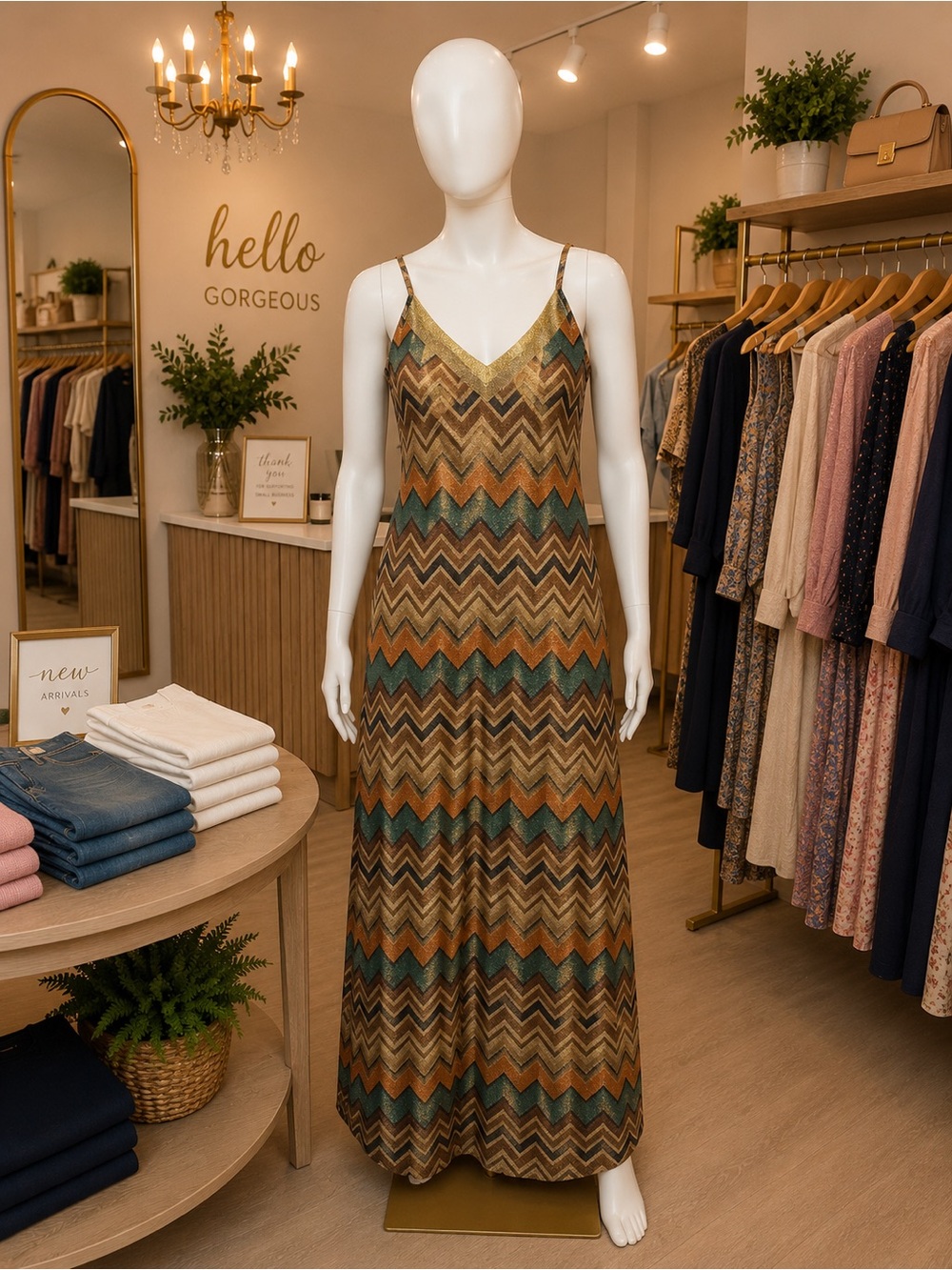 New York & Company Teal, Brown & Tan Chevron Maxi Dress with Gold Trim